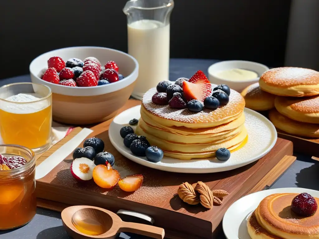 Un desayuno delicioso con soufflé pancakes japoneses, croissants franceses, yogur griego y espresso italiano