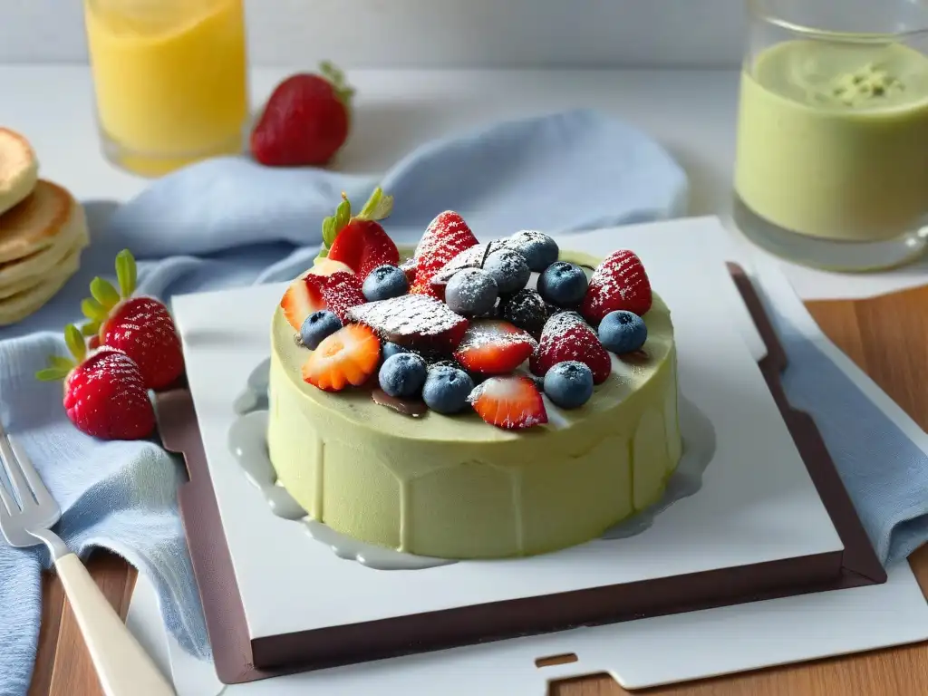 Desayuno keto: delicias dulces en mesa moderna Desayuno keto dulce con chia pudding, pancakes de almendra y mousse de chocolate, en mesa moderna y elegante