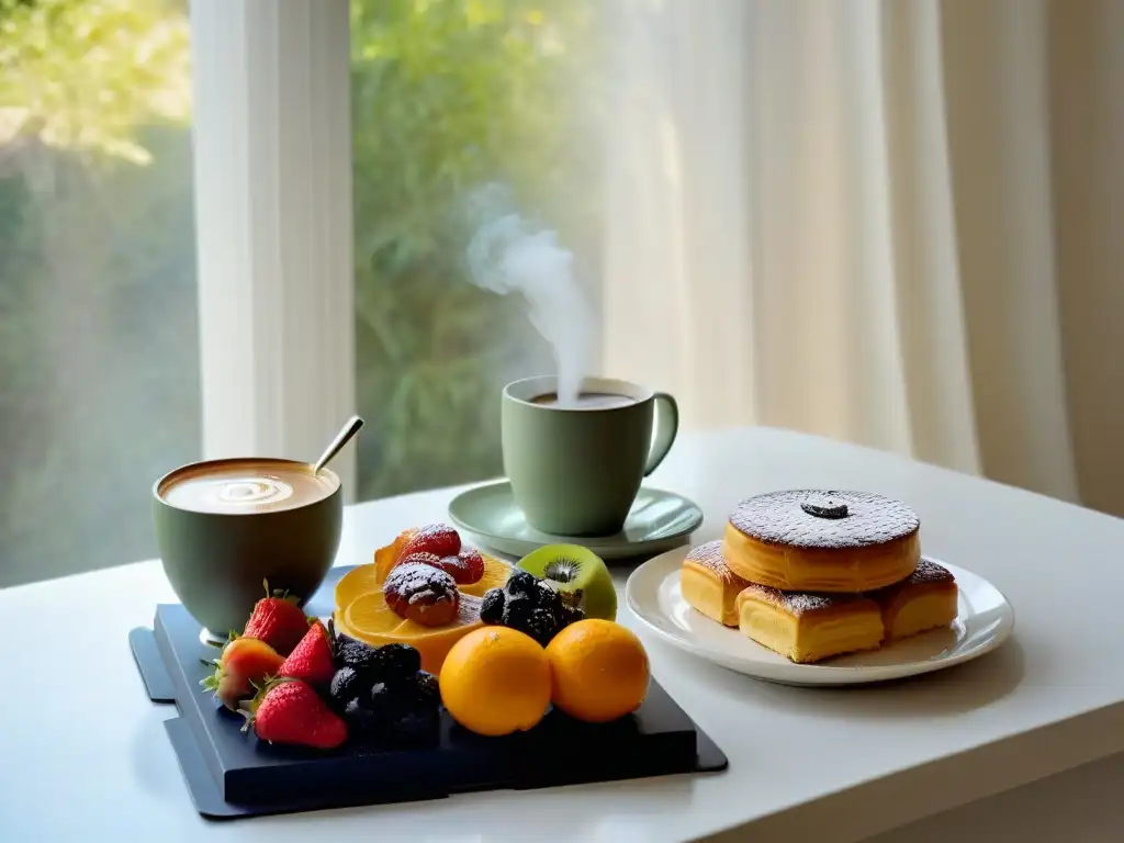 Un desayuno dulce y delicioso en una mesa elegante bañada por la suave luz de la mañana