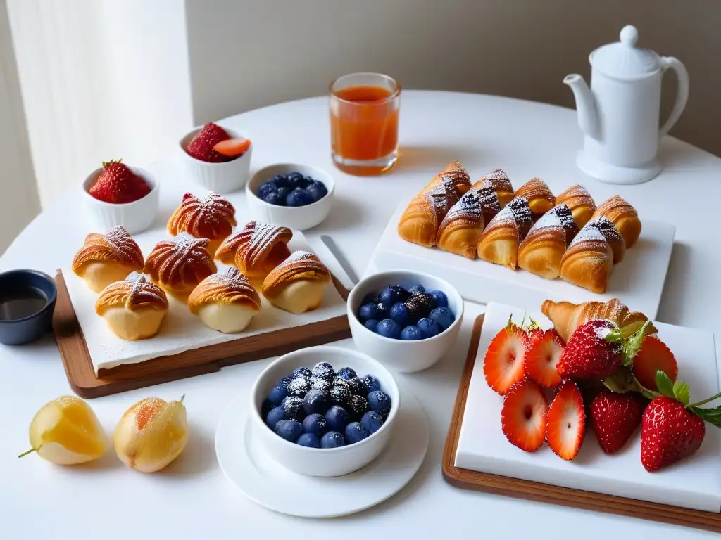 Un desayuno dulce delicioso con tendencias elegantes y variadas, en una mesa armoniosa bajo luz natural cálida