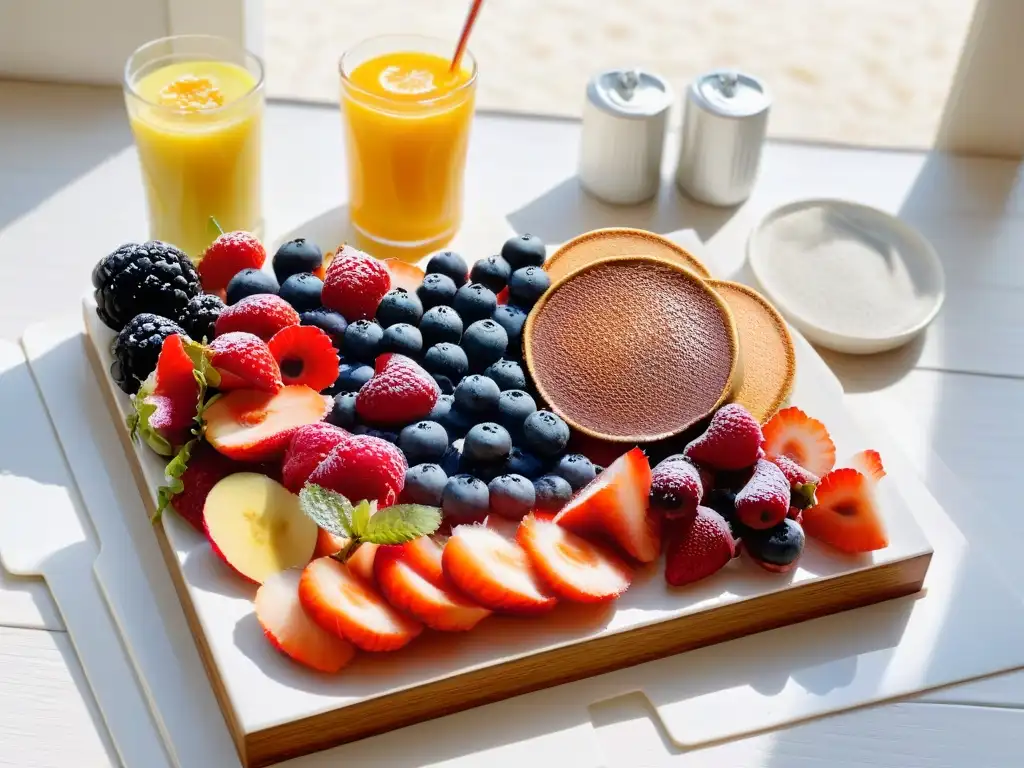 Desayuno keto irresistible en mesa de madera Desayuno keto dulce con chia pudding, hotcakes de almendra y frutas frescas