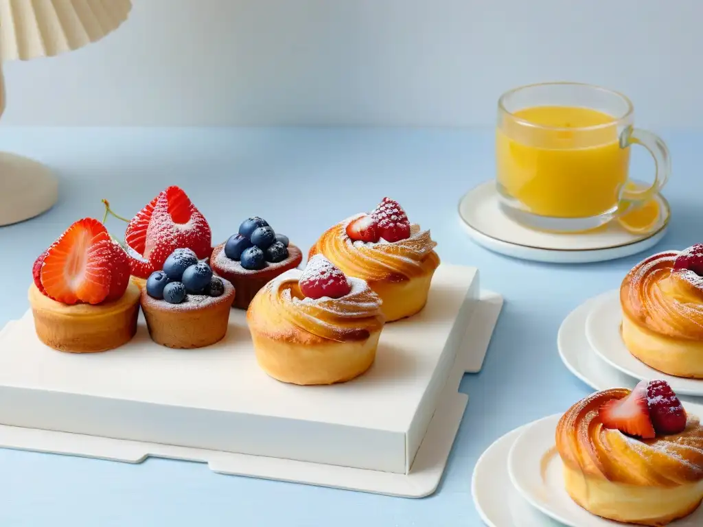 Un desayuno exquisito y elegante con croissants, muffins, frutas frescas, café y flores