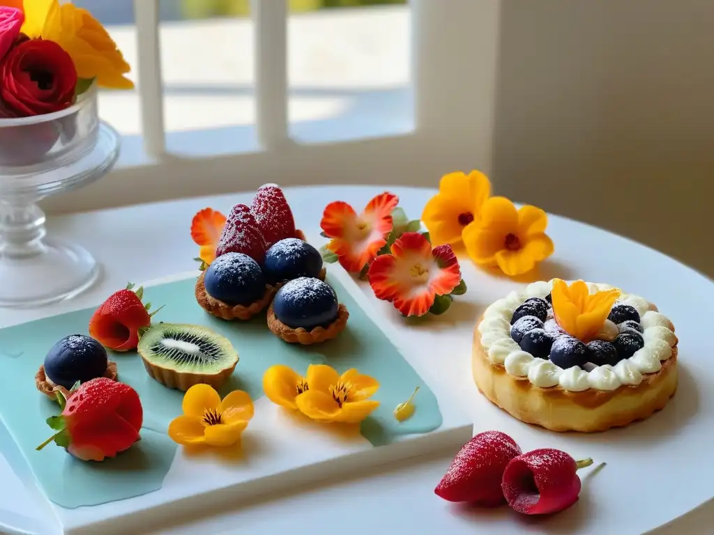 Un desayuno mágico con repostería creativa y frutas frescas, bajo una suave luz natural