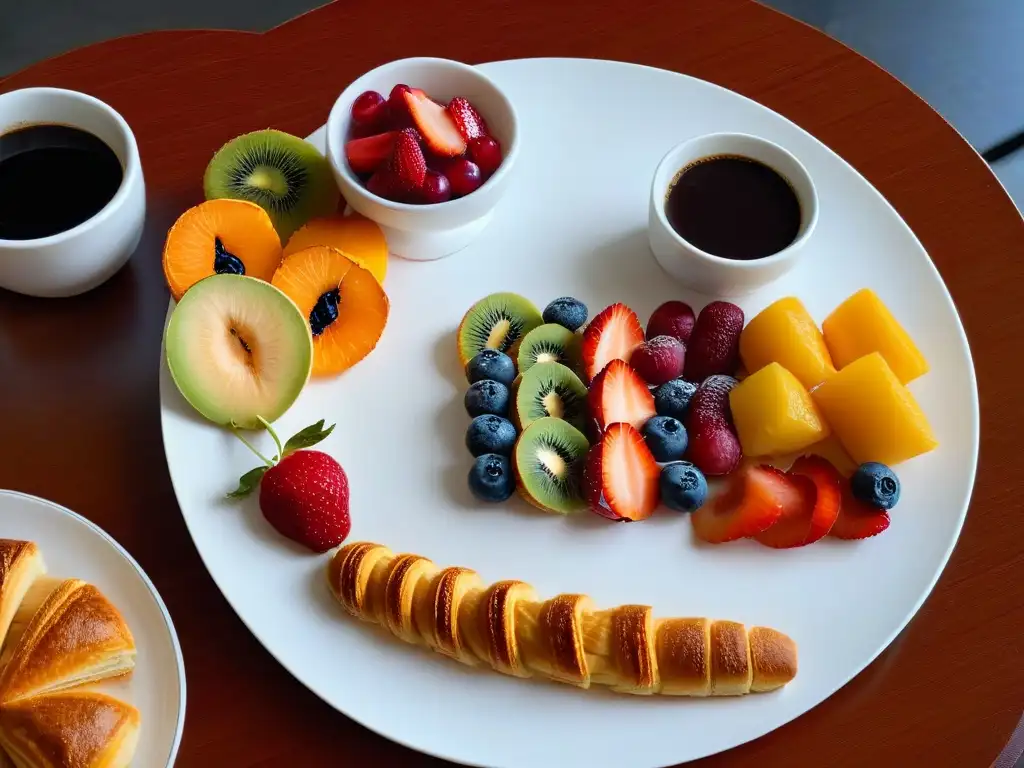 Un desayuno mágico de repostería creativa en un plato blanco, con frutas coloridas y café