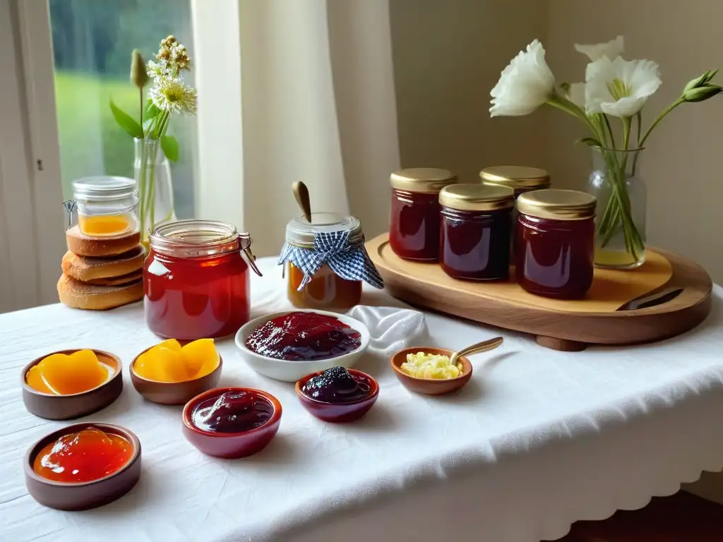 Desayuno vegano con mermeladas caseras en frascos de cristal Desayuno vegano con mermeladas caseras en elegantes frascos, pan recién horneado y té caliente, en un ambiente acogedor y orgánico