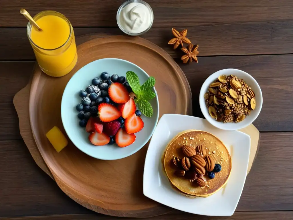 Desayunos dulces deliciosos tendencias: mesa de desayuno saludable con avena, chía, yogur y pancakes integrales en luz matutina