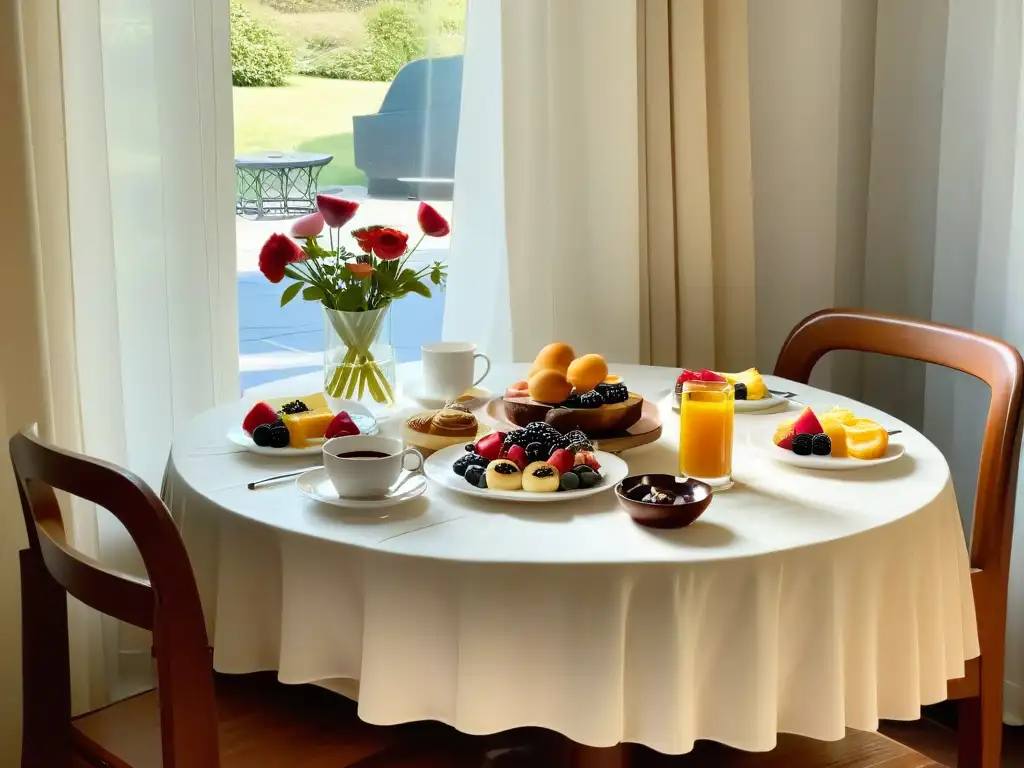 Desayunos dulces deliciosos tendencias: Mesa de desayuno elegante con pastelería, frutas frescas, café y luz matutina suave