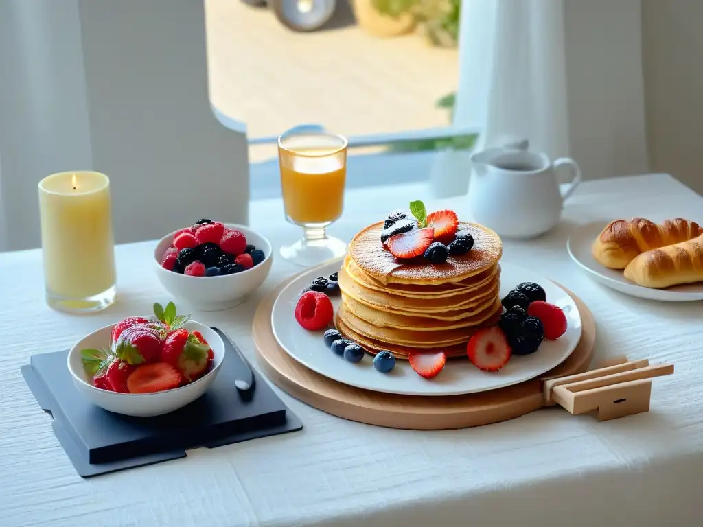 Desayunos dulces deliciosos tendencias: una mesa elegante con exquisitos platillos y una taza de café, bañados por la luz matutina