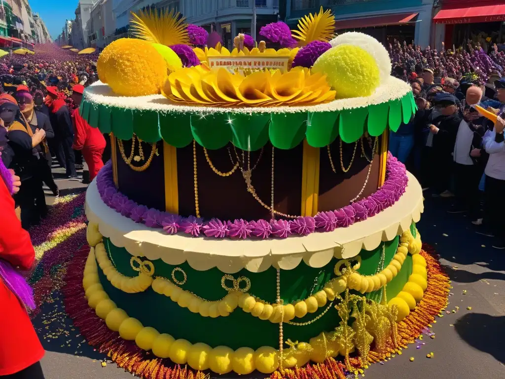 Deslumbrante carro alegórico de Mardi Gras decorado con flores de azúcar y postres inspirados en Mardi Gras
