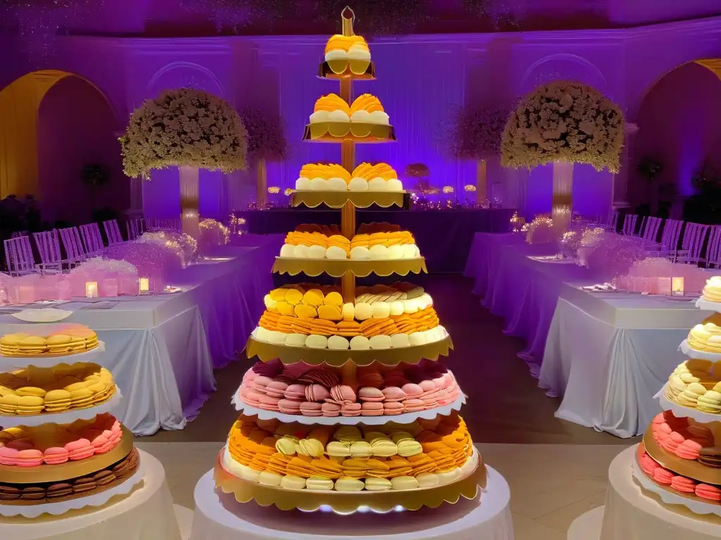 Deslumbrante torre de macarons en boda, exhibiendo una gama de colores vibrantes y elegantes en tonos pastel, iluminada por velas suaves