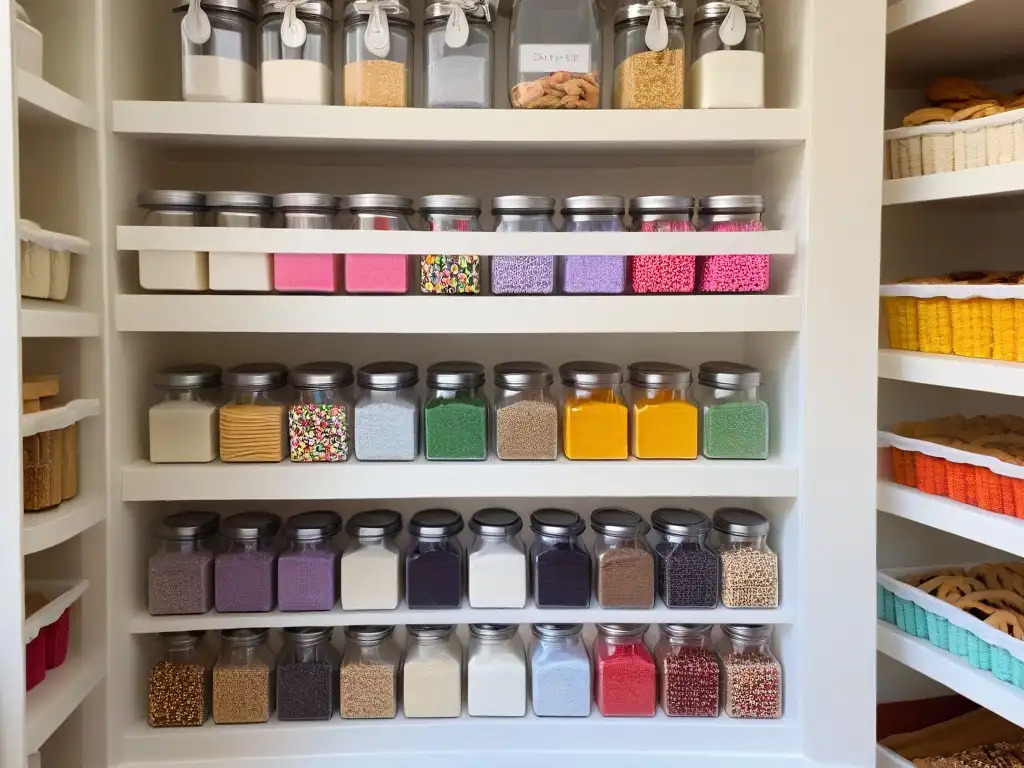 Pantry blanco impecable con detalles artesanales Despensa blanca impecable con organización despensa repostería creativa: tarros de colores, bandejas apiladas y cortadores de galletas