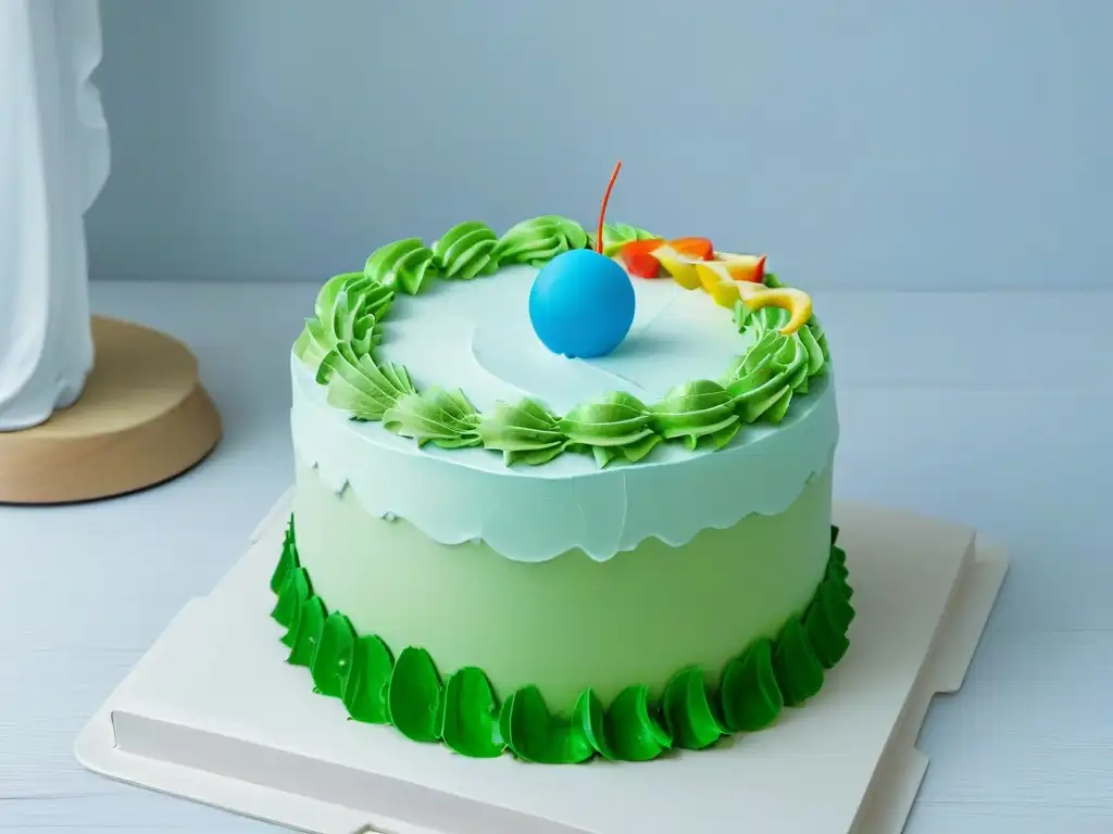 Un despliegue de pasteles temáticos decorados con detalle y colores vibrantes en un fondo minimalista