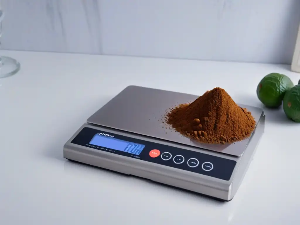 Detallada balanza de cocina digital pesando 100 gramos de cacao en elegante encimera de mármol