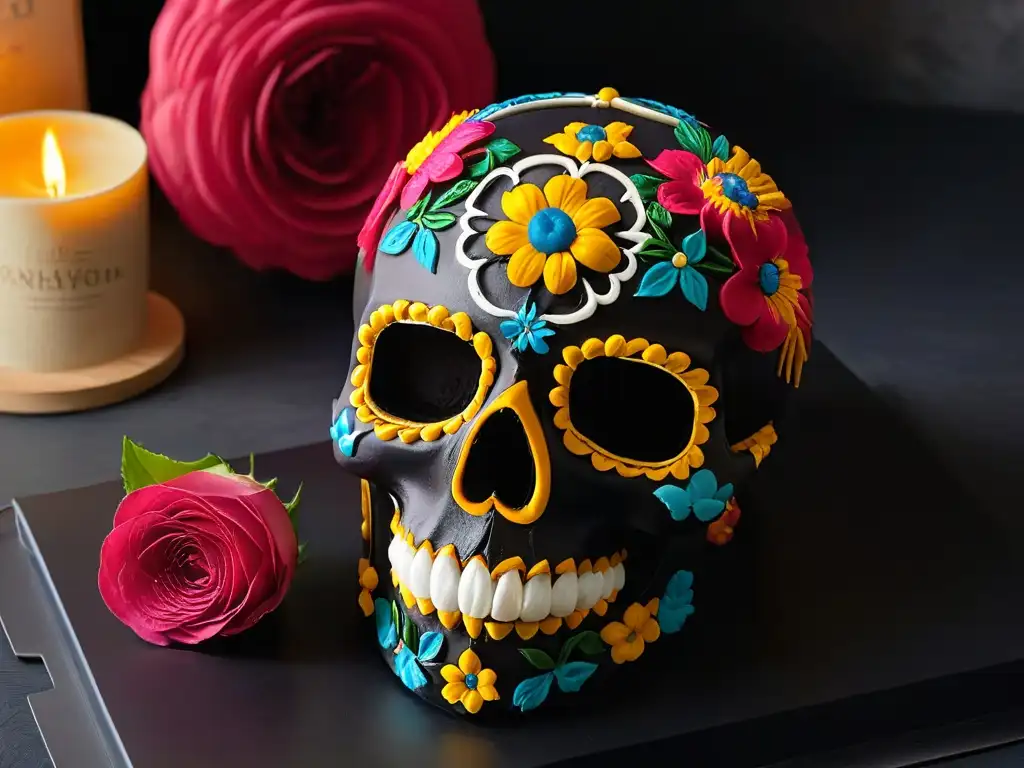Calavera de azúcar mexicana: arte detallado y vibrante Detallada calavera mexicana del Día de los Muertos en una superficie mate, resaltando su rica artesanía y colorido