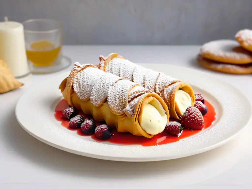 Fotografía detallada de un cannoli siciliano perfecto en un plato de porcelana blanco, decorado con fresa y azúcar en polvo en una cocina rústica