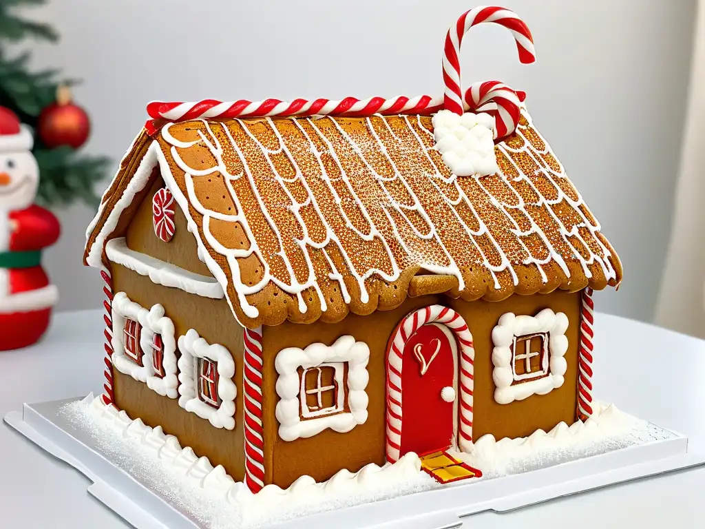 Gingerbread house sin azúcar: detalle y encanto festivo Detallada casa de jengibre sin azúcar, decorada con glaseado y adornos navideños, ¡Recetas repostería navideña para diabéticos!