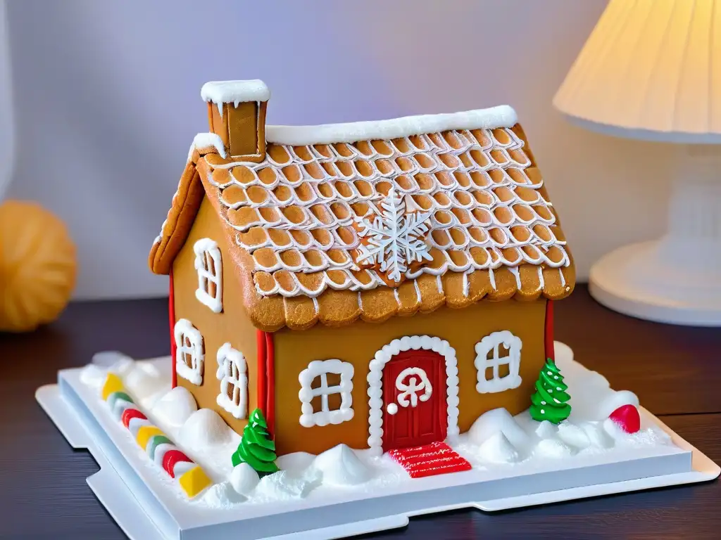 Detallada casa de jengibre decorada con esmero, dulces coloridos y patrones de copos de nieve en un fondo blanco nevado