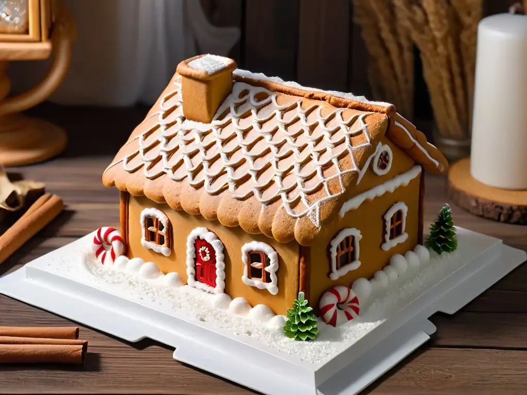 Detallada casa de jengibre dorada con decoraciones de glaseado, nieve de azúcar y bastones de caramelo en mesa de madera rústica