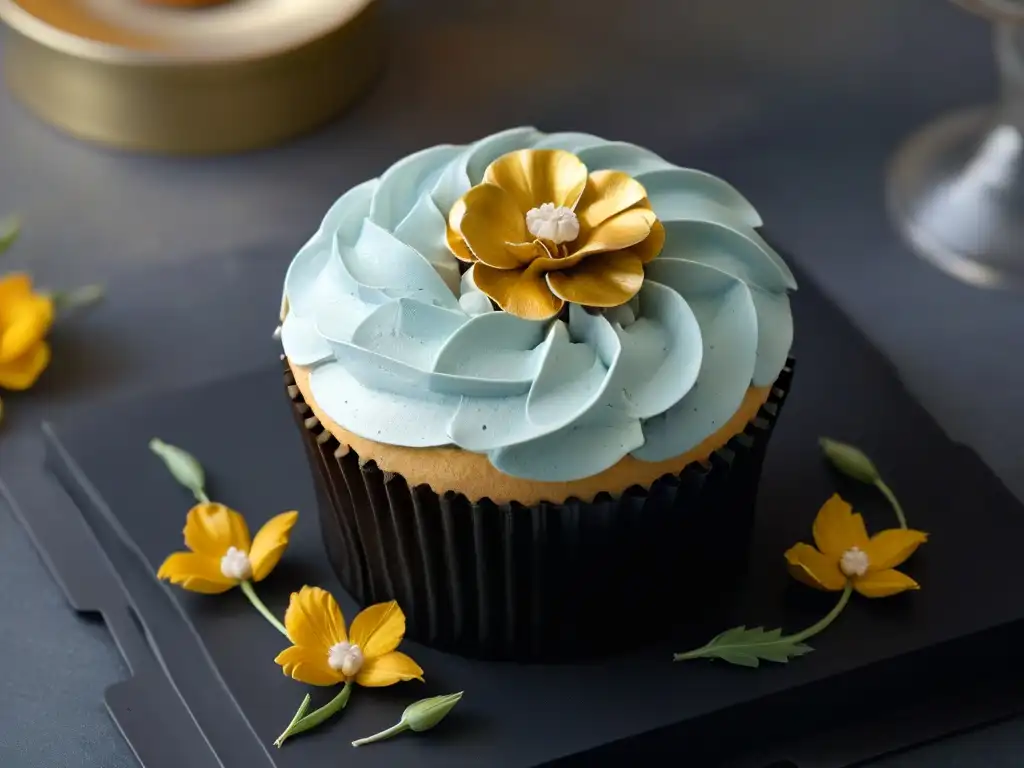 Detallada decoración de cupcake con flores comestibles y hojas de oro