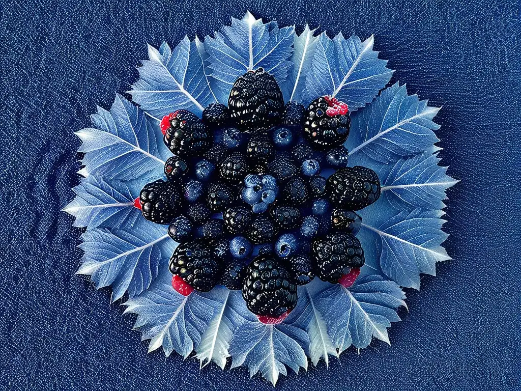 Detallada y delicada copo de nieve hecho de frutas frescas como frambuesas, arándanos y moras