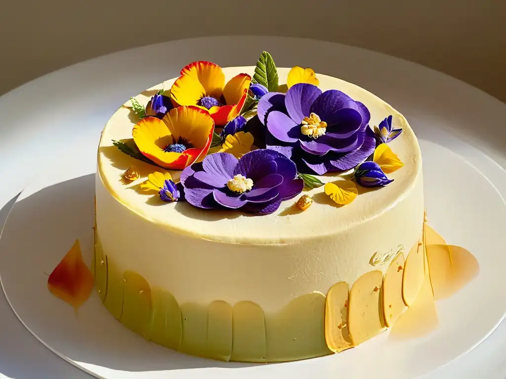 Exquisito pastel sostenible: Arte en repostería innovadora Detallada y delicada repostería con técnicas de repostería sostenible innovadoras, adornada con flores comestibles y láminas de oro
