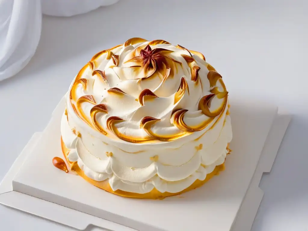 Exquisito merengue dorado y brillante Detallada y dorada obra de arte culinaria: suspiro de limeña merengue