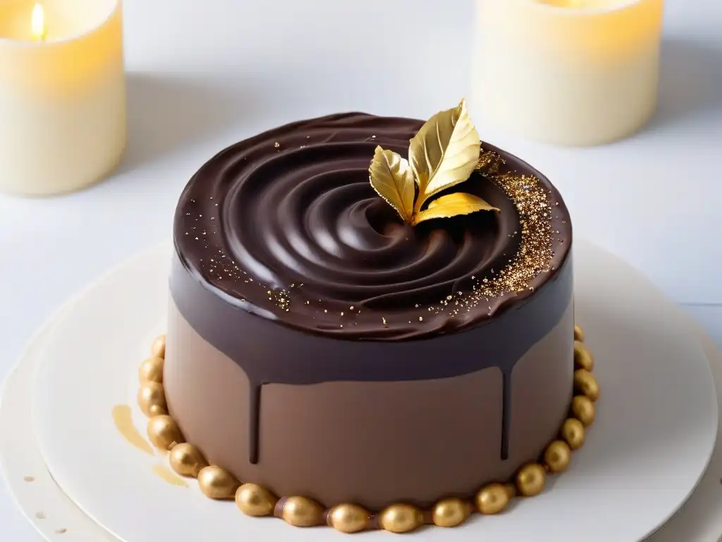 Detallada y elegante técnica de repostería: ganache de chocolate y panna cotta de vainilla con hoja de oro