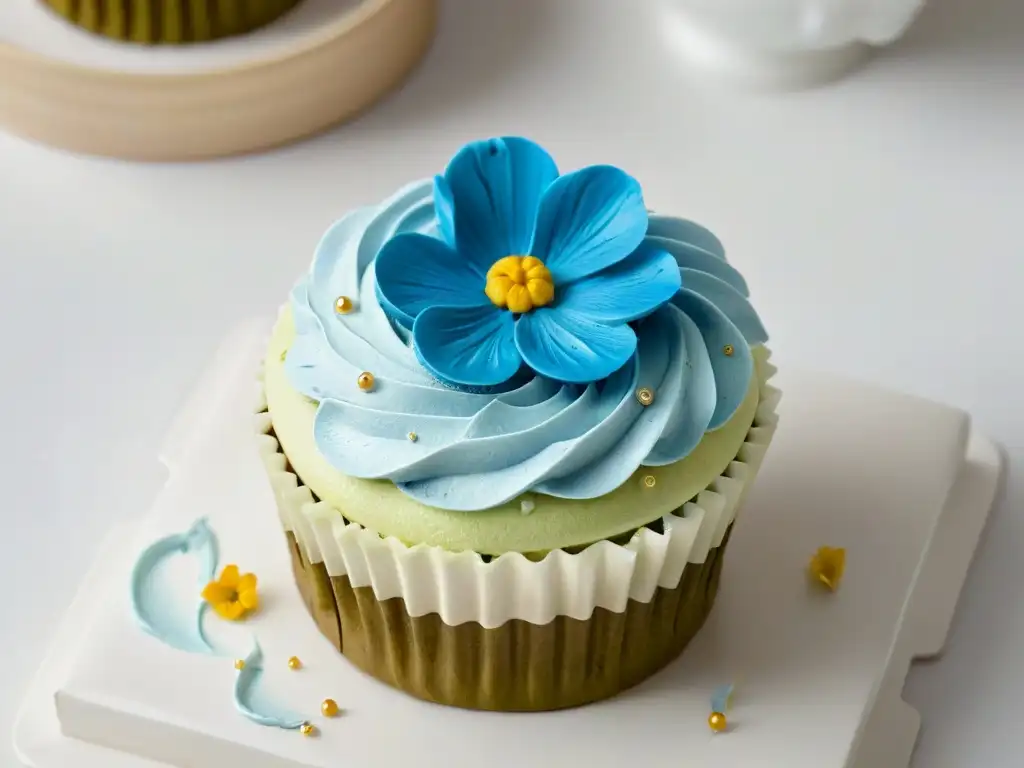 Detallada conexión repostería ética conciencia social en exquisito cupcake vegano con flores comestibles y toques dorados