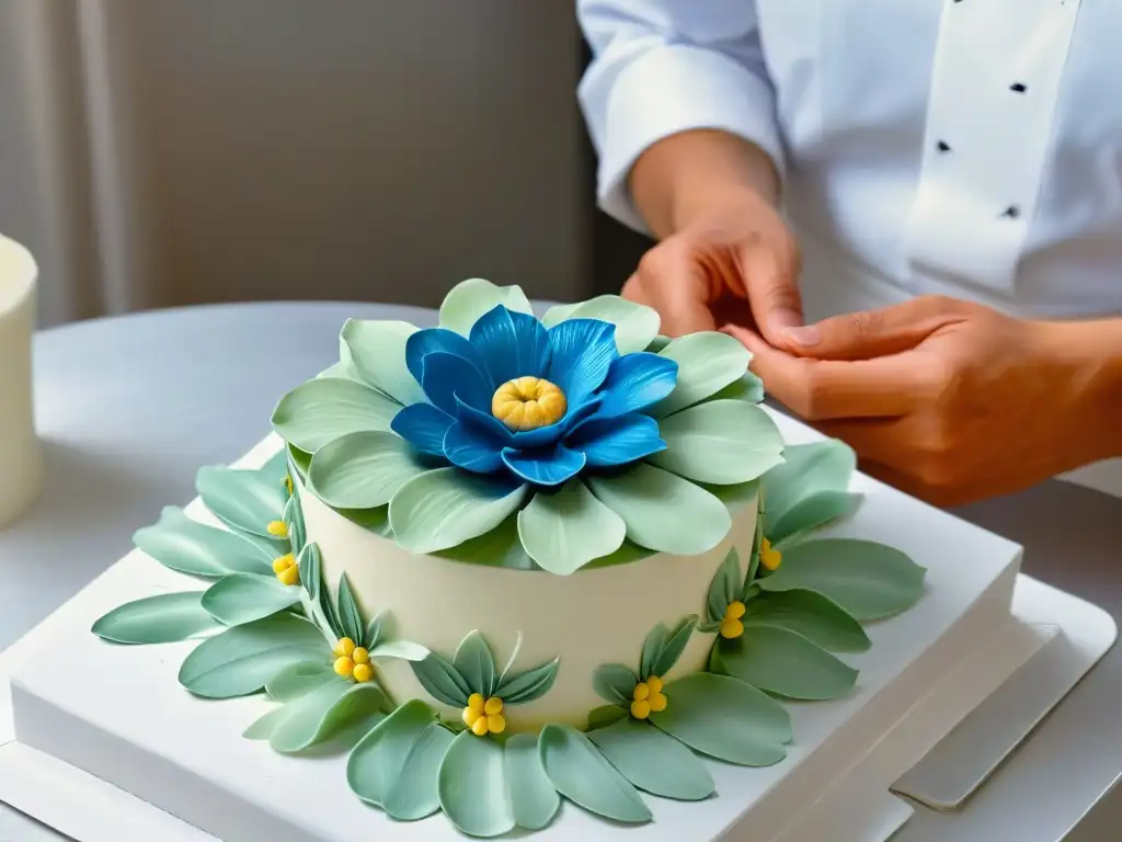 Detallada creación de una flor de azúcar por un hábil chef de repostería con Realidad Aumentada