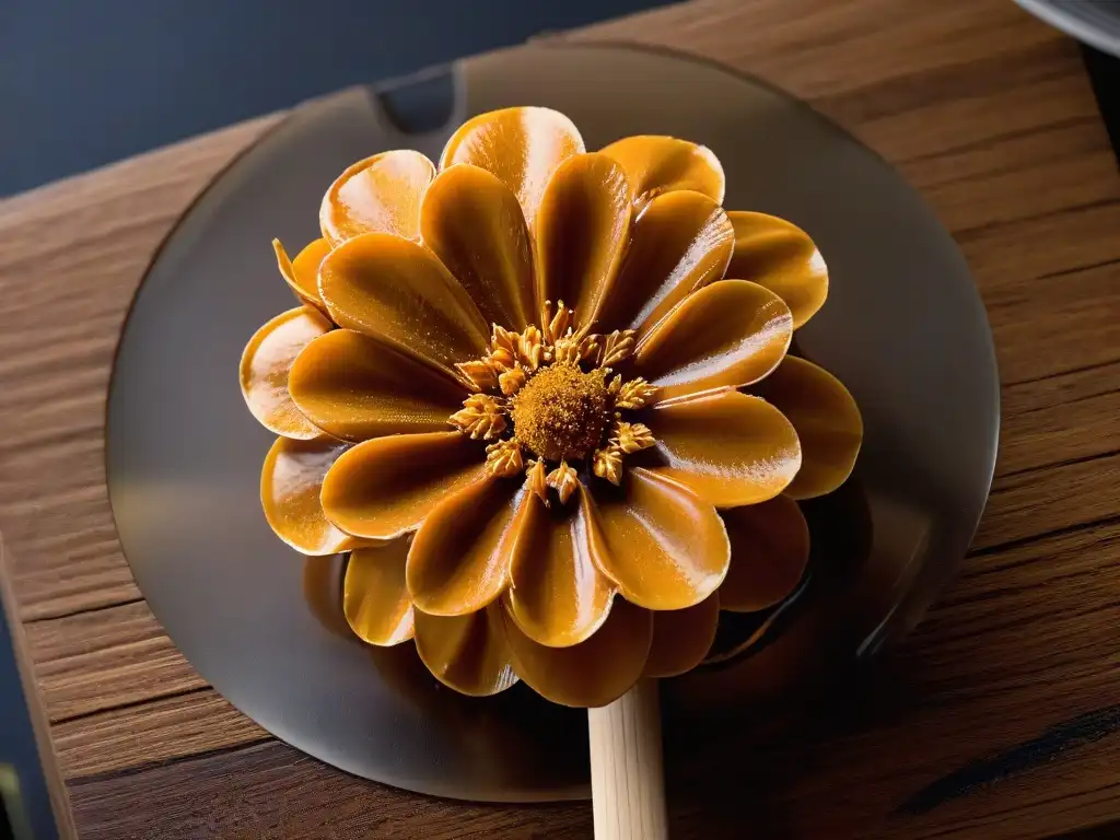 Detallada flor de azúcar de coco en cuchara de madera rústica, reflejando luz