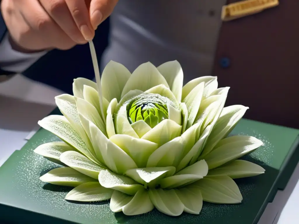 Detallada creación de flor de azúcar por maestro pastelero Stéphane Glacier, exhibiendo precisión y arte en cada pétalo