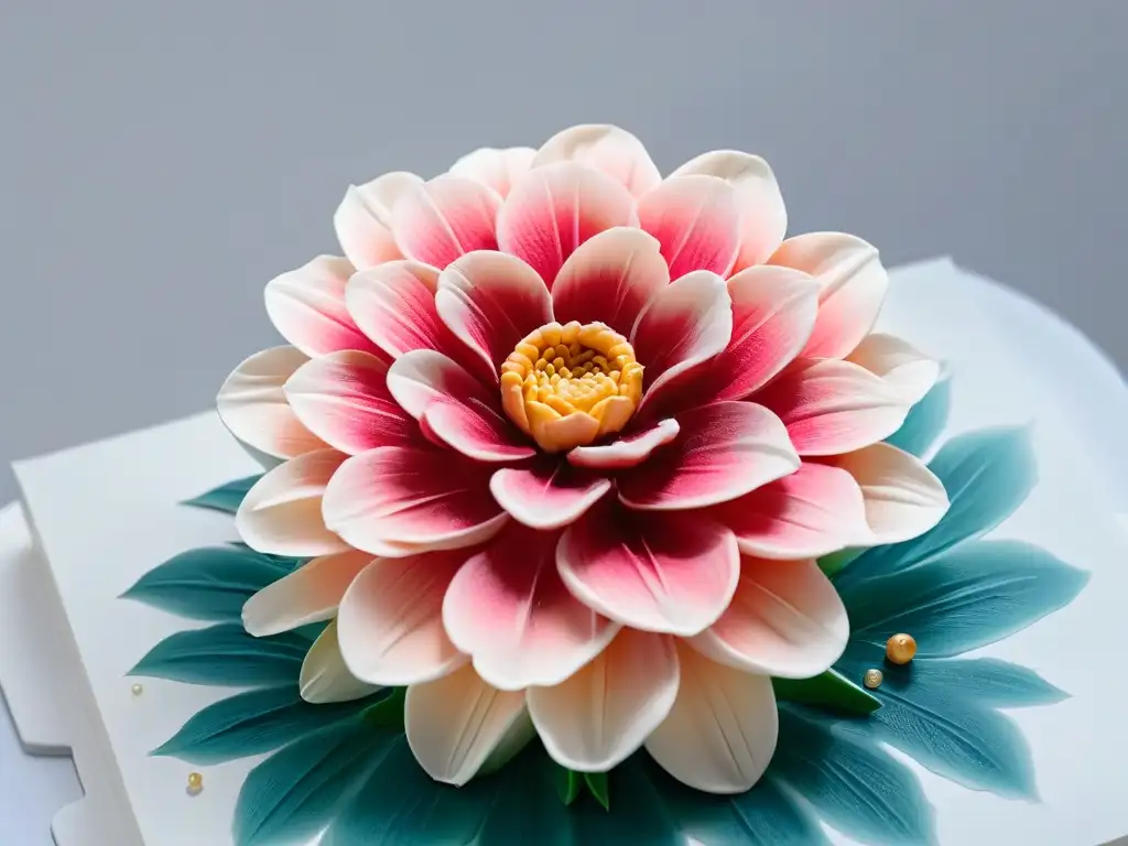 Detallada flor de azúcar en tonos pastel con rocío brillante, arte en concursos de repostería estrategias práctica