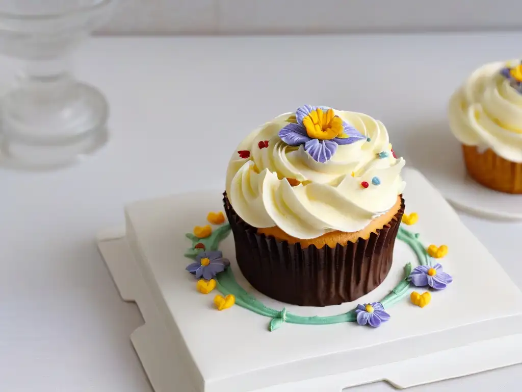 Detallada foto de un cupcake decorado con arte y color, resaltando la repostería ética y la conexión social