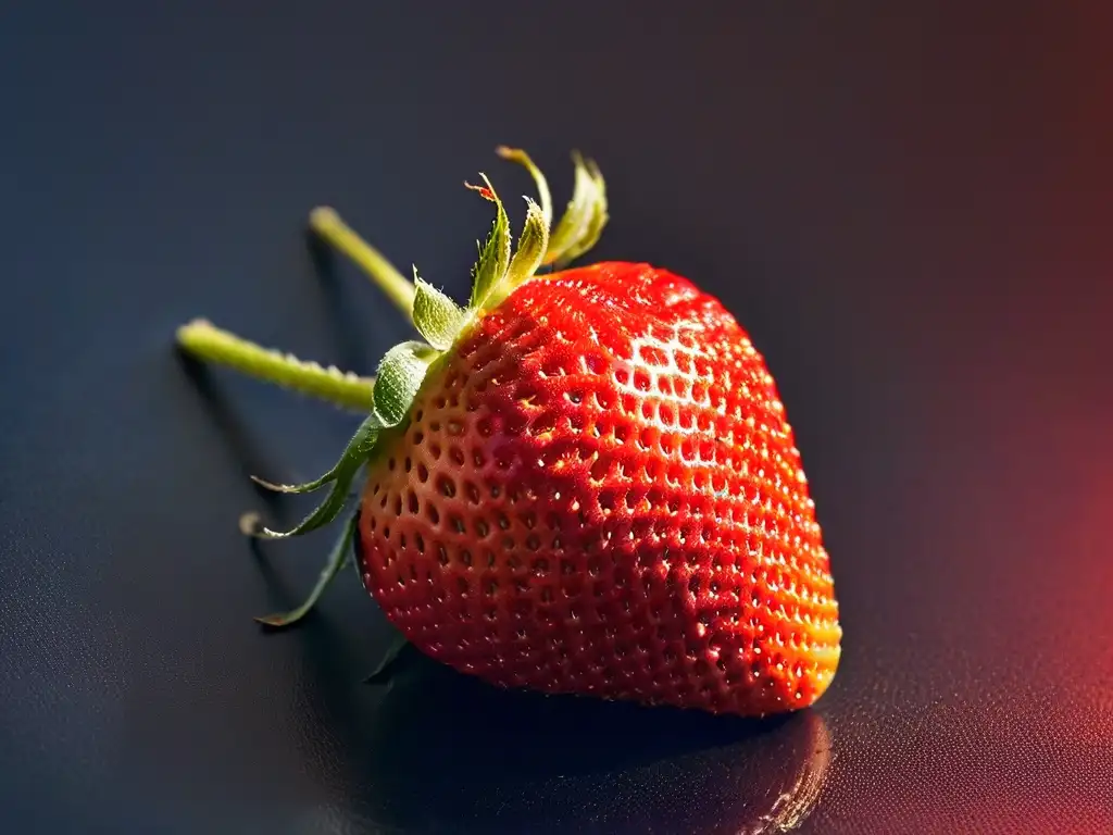 Detallada fresa madura con gotas de agua, patrón de semillas, color rojo vibrante y técnicas moleculares transformación frutas