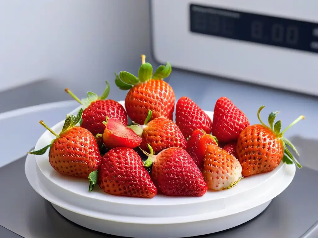 Detallada liofilización de fresa roja en máquina moderna, destacando técnicas liofilización postres repostería