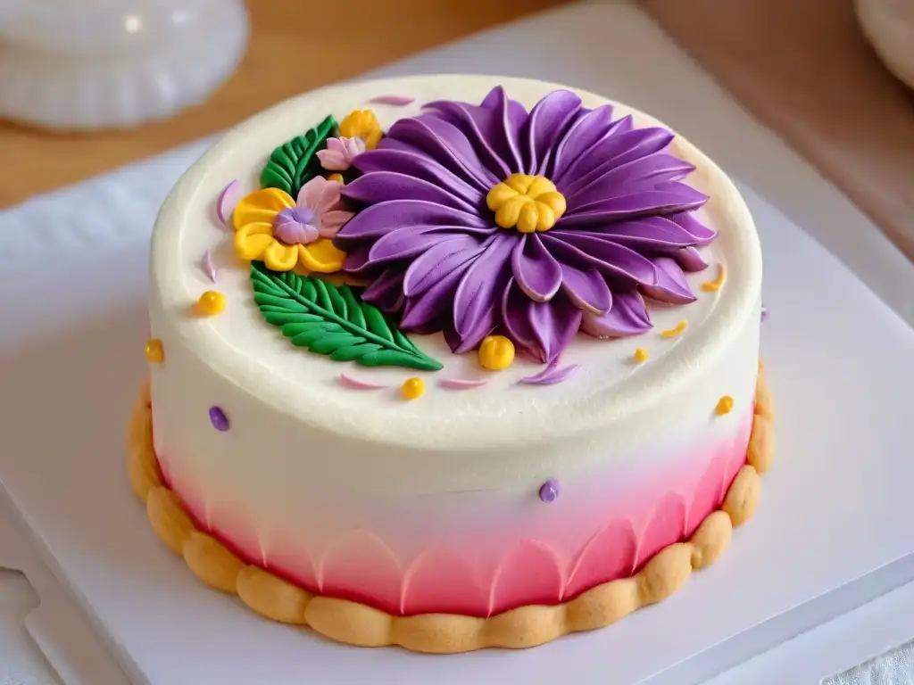 Detallada galleta decorada con arte floral en tonos rosa y morado, detalles dorados