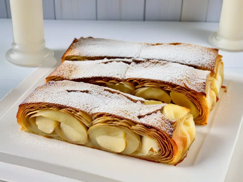 Detallada imagen de un apetitoso strudel de manzana recién horneado, dorado y brillante con glaseado de azúcar