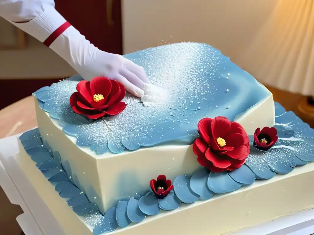 Detallada imagen de un chef de repostería creando flores de azúcar con innovación en técnicas de repostería