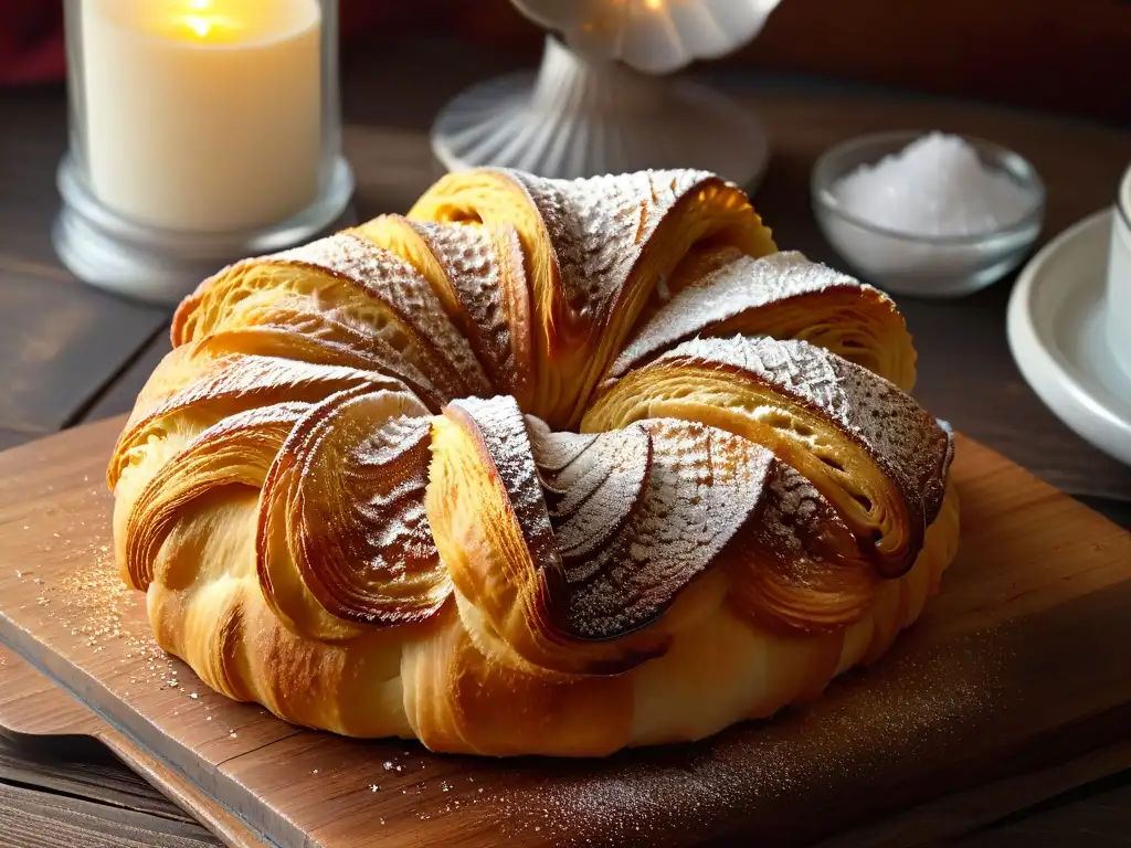 Detallada imagen de un croissant horneado a la perfección, con capas intrincadas y texturas en repostería experimental