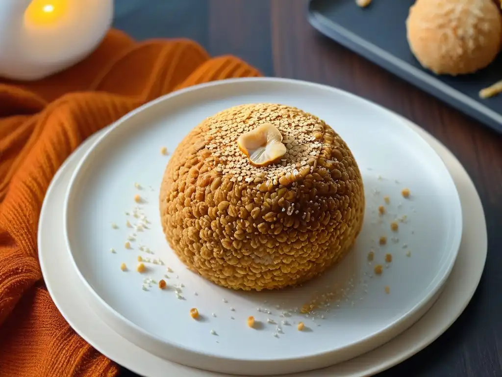 Detallada imagen de una dorada bola de sésamo recién frita, cubierta de semillas de sésamo, en un plato moderno