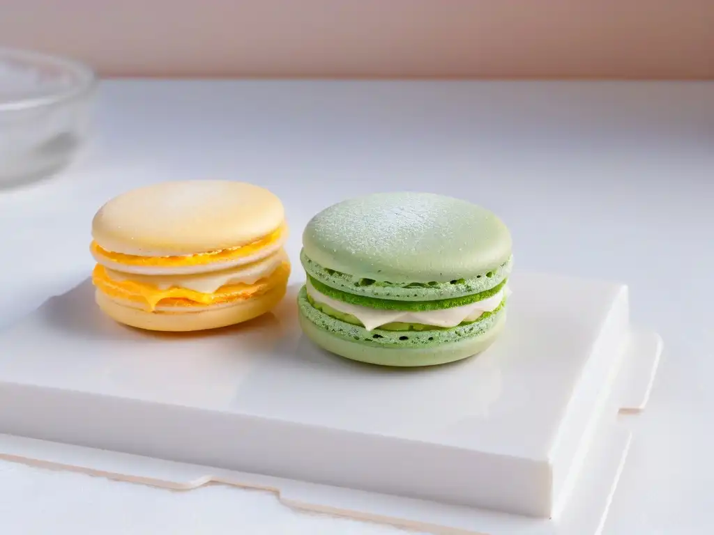 Detallada imagen de un exquisito macaron artesanal con su delicada cáscara, pies intrincados y vibrante colorido