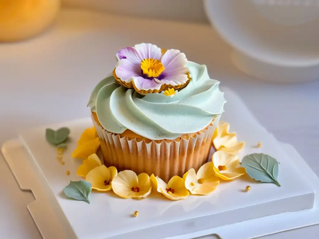 Detallada imagen de un exquisito cupcake decorado con flores comestibles y detalles en oro, ideal para merchandising para repostería creativa