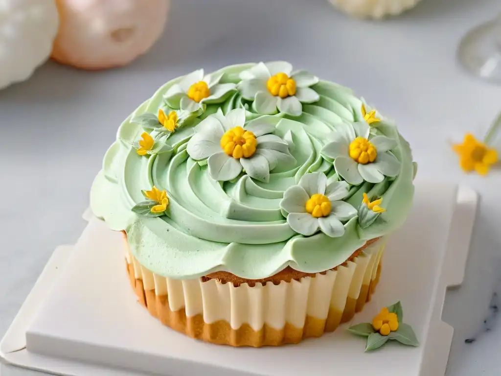 Detallada imagen en 8k de un exquisito cupcake decorado con flores comestibles y hojas de oro, sobre un elegante mostrador de mármol blanco