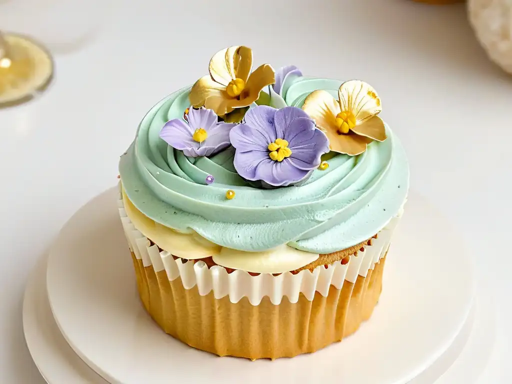 Exquisita decoración de cupcake: arte en pastelería Detallada imagen de un exquisito cupcake decorado con swirls de frosting pastel, flores comestibles y detalles en hoja de oro, sobre fondo blanco