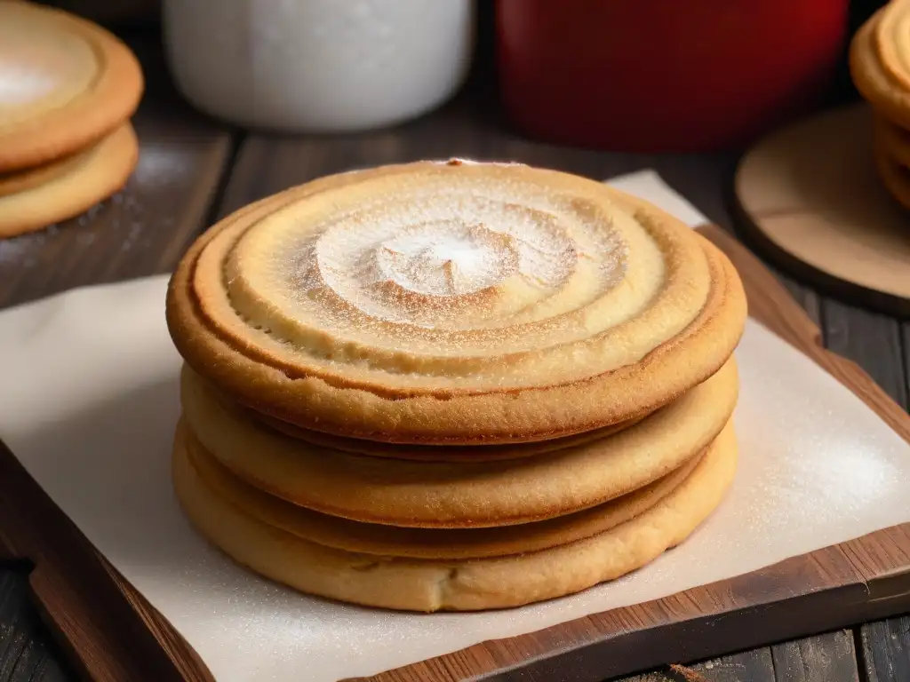 Detallada imagen de una galleta Snickerdoodle recién horneada, suave y cálida, en una superficie de madera rústica