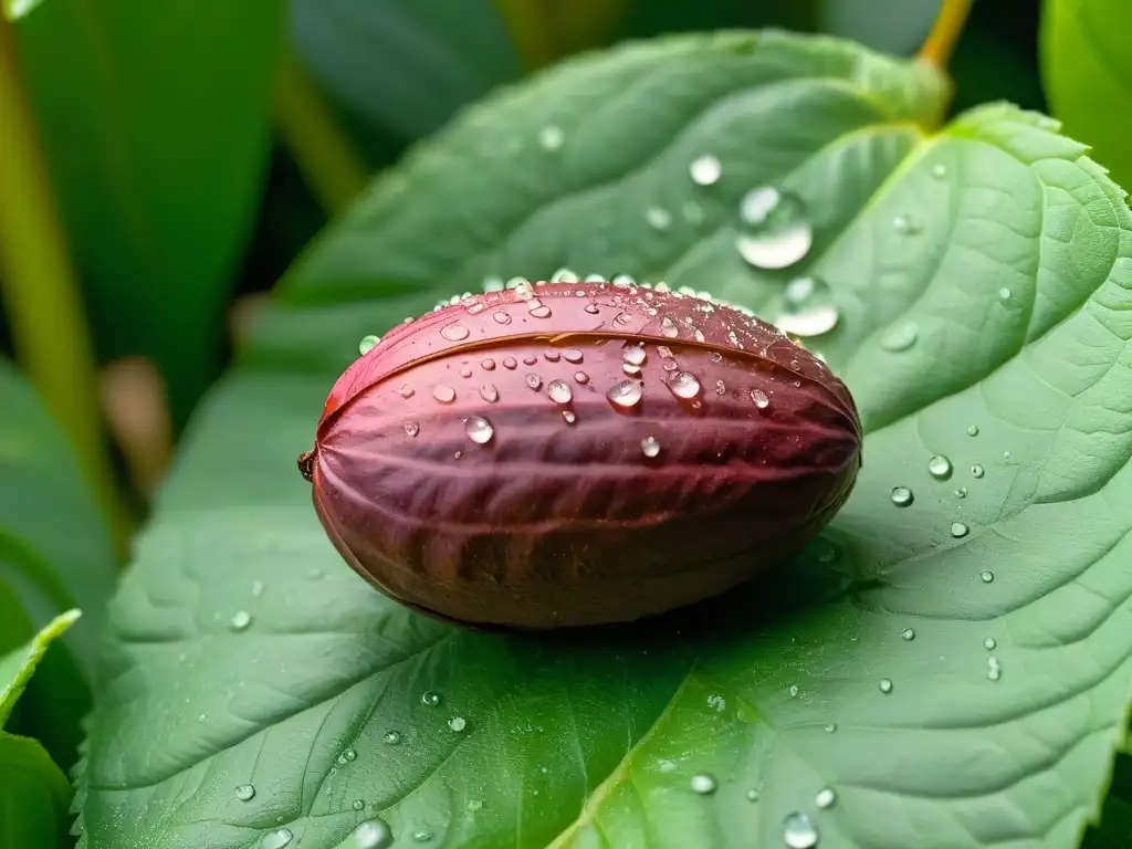 Detallada imagen de un grano de cacao sobre hojas verdes, resaltando la belleza de los ingredientes éticamente suministrados repostería