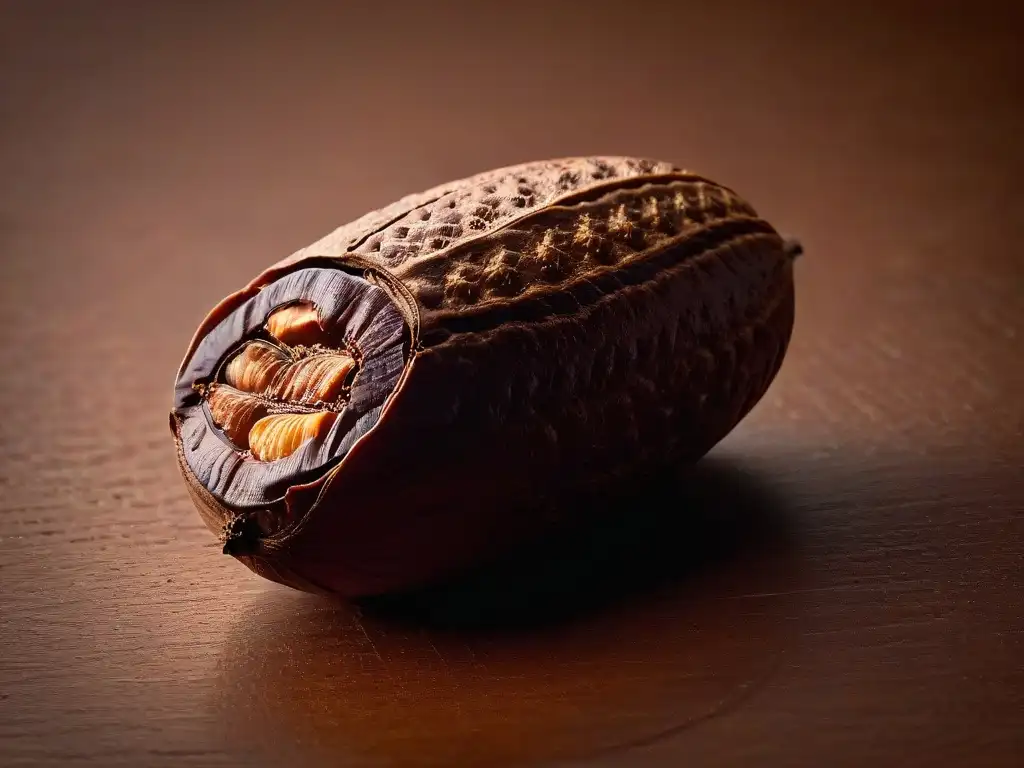 Detalles fascinantes del cacao: textura y color en primer plano Detallada imagen de un grano de cacao, resaltando su textura, color y brillo bajo luz suave