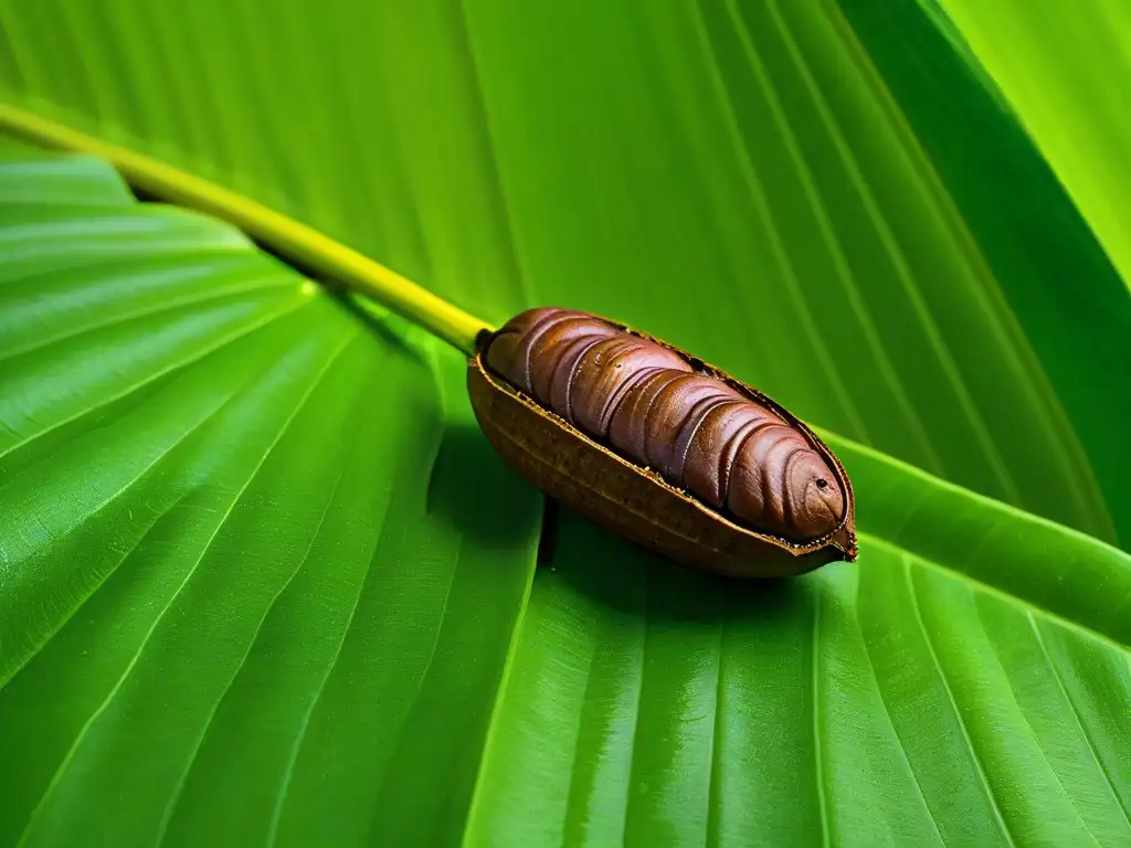 Detallada imagen de un grano de cacao sobre hojas verdes, resaltando su textura y tonos marrones