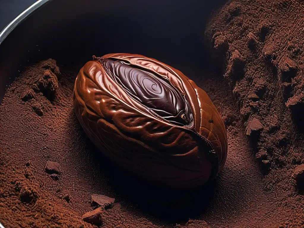 Detallada imagen de un grano de cacao con textura, color marrón intenso y aspecto artesanal, evocando la producción sostenible chocolate repostería