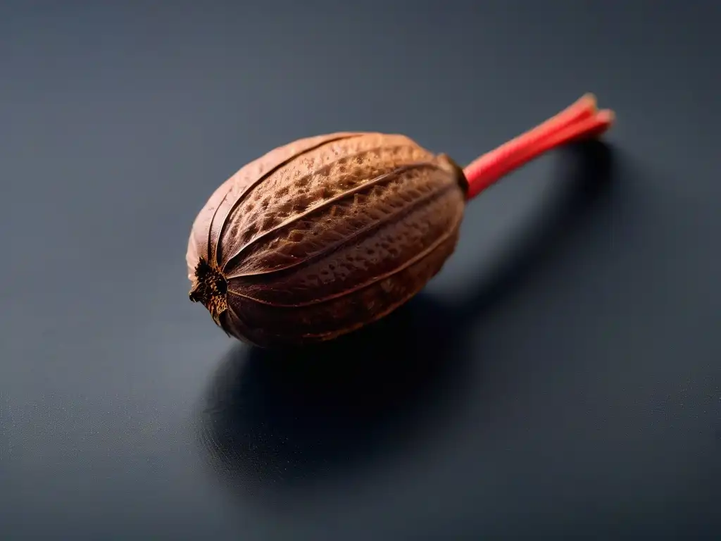 Detallada imagen de un grano de cacao crudo sobre fondo blanco, resaltando su textura y color intenso